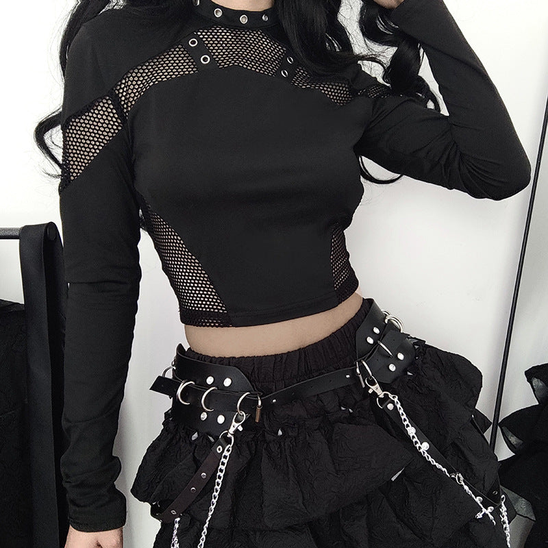 AltGoth Dark Punk Cyber T-shirt Women Gothic Streetwear Mesh Patchwork Long Sleeve O-neck Crop Tee Tops Harajuku Sexy Clothes