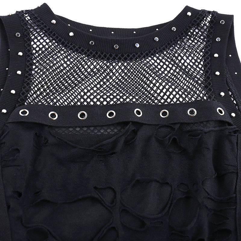 AltGoth Cyber Y2k Hole Vest Women Streetwear Harajuku Vintage Gothic Sexy O-neck Mesh Patchwork See Through Crop Tank Tops Femme