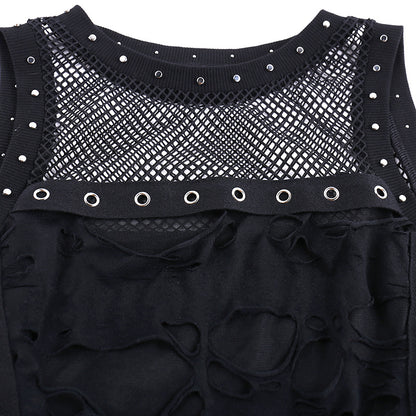 AltGoth Cyber Y2k Hole Vest Women Streetwear Harajuku Vintage Gothic Sexy O-neck Mesh Patchwork See Through Crop Tank Tops Femme