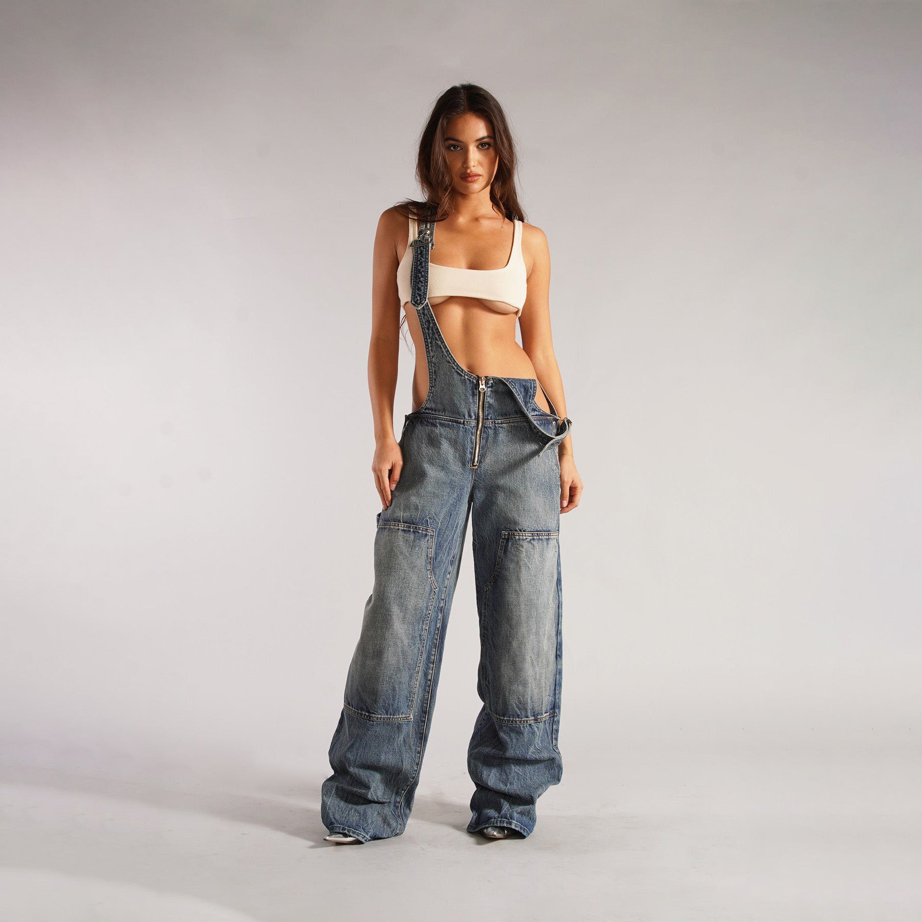 Jumpsuits Women Jeans Overalls Sexy Backless Vintage Full Length Denim Straight Pants Loose Pockets Distressed Washed Casual