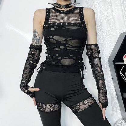 AltGoth Cyber Y2k Hole Vest Women Streetwear Harajuku Vintage Gothic Sexy O-neck Mesh Patchwork See Through Crop Tank Tops Femme