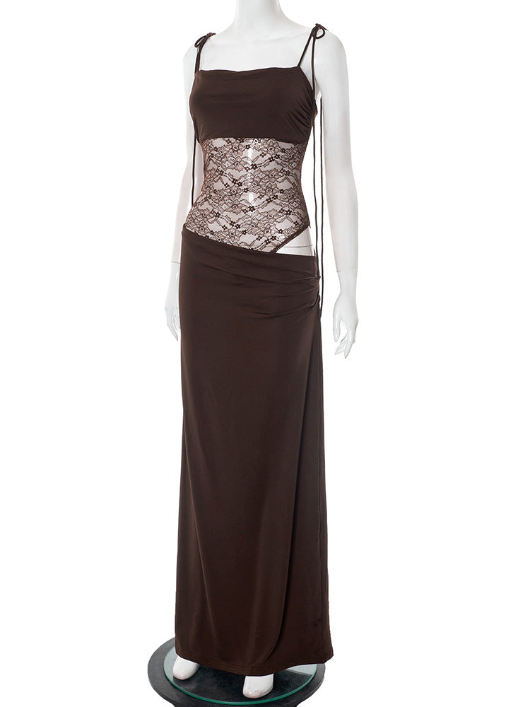 Elegant Lace Cut Out Maxi Dresses for Women 2025 Sexy Spaghetti Strap Patchwork Holidays Party Dress Summer Backless Long Dress