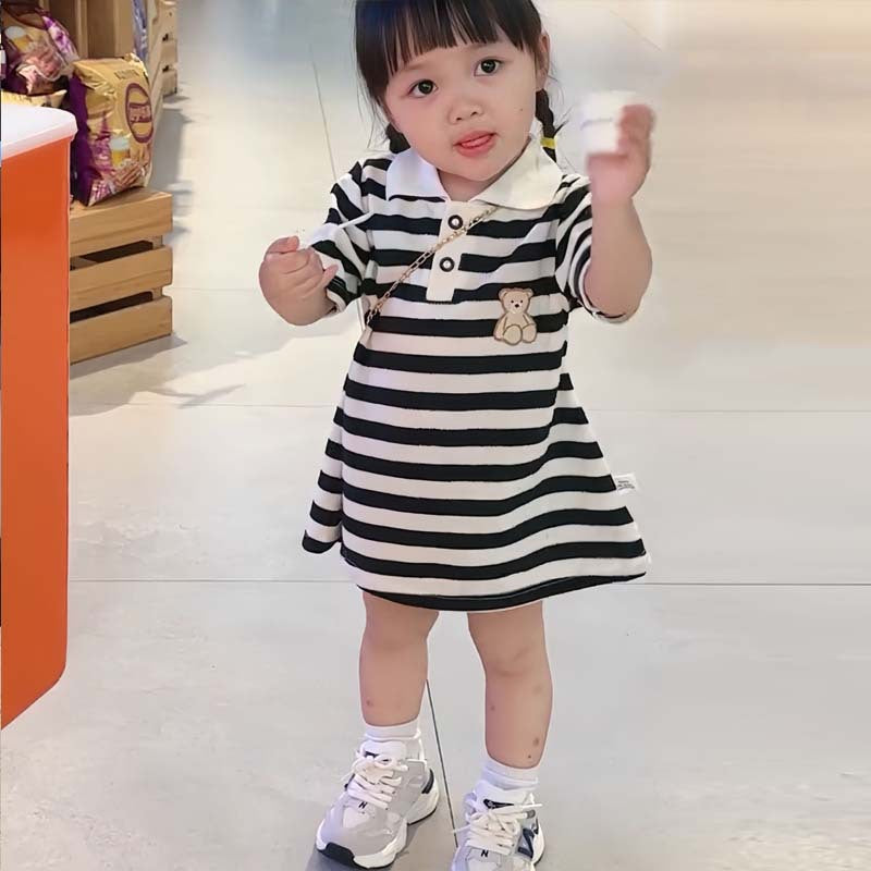 Girls Stripe Bear Polo Dress Summer Short Sleeve Flip Collar Baby Academy Style Trendy Dress Girls Aged 2-10