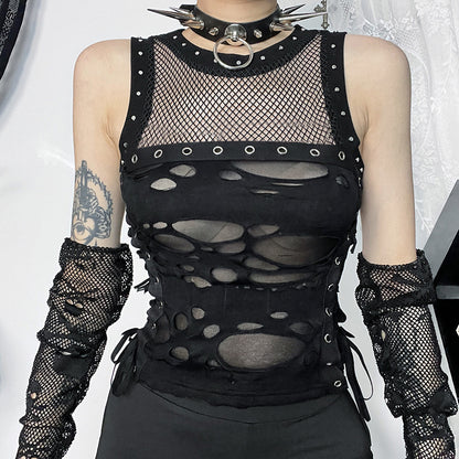 AltGoth Cyber Y2k Hole Vest Women Streetwear Harajuku Vintage Gothic Sexy O-neck Mesh Patchwork See Through Crop Tank Tops Femme