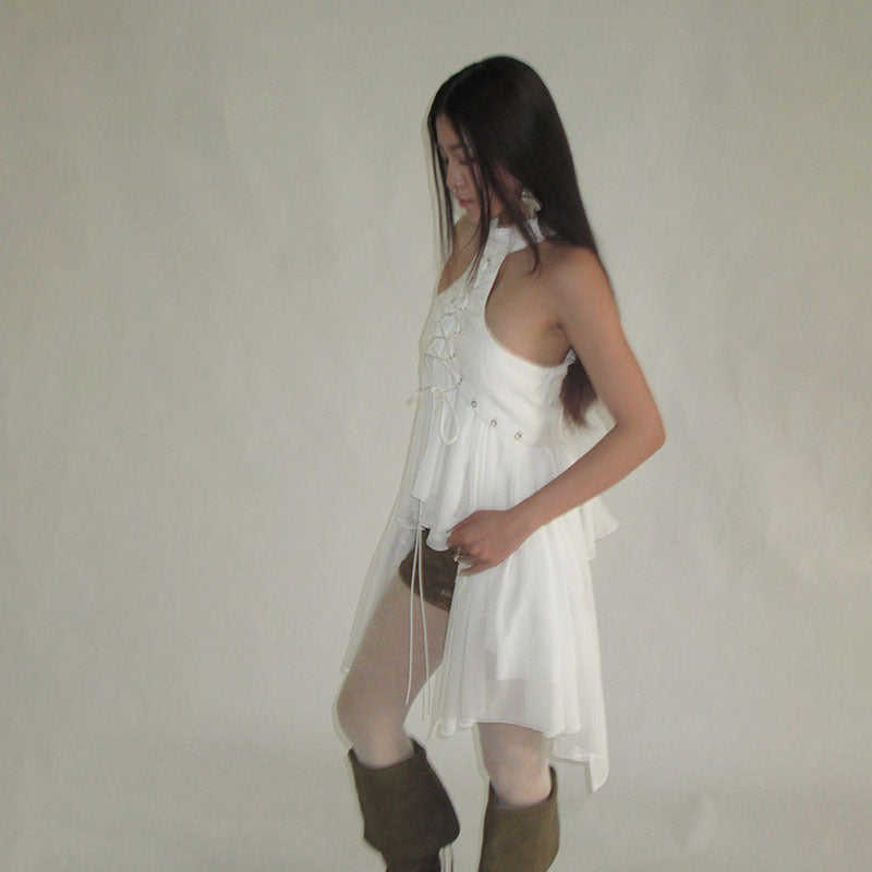 MCDV Mesh Patchwork Irregular Ruffles Vest Women Cross Bandage Elegant O-Neck Sleeveless Slim Tank Tops Y2K Summer Clothes Tees