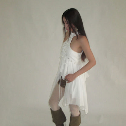 MCDV Mesh Patchwork Irregular Ruffles Vest Women Cross Bandage Elegant O-Neck Sleeveless Slim Tank Tops Y2K Summer Clothes Tees