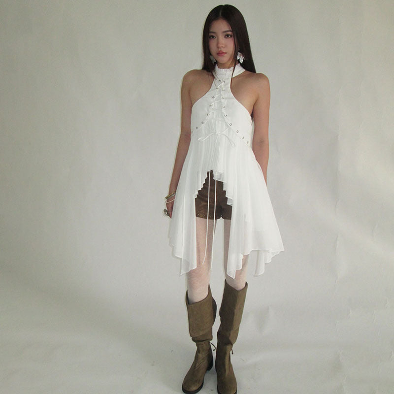 MCDV Mesh Patchwork Irregular Ruffles Vest Women Cross Bandage Elegant O-Neck Sleeveless Slim Tank Tops Y2K Summer Clothes Tees