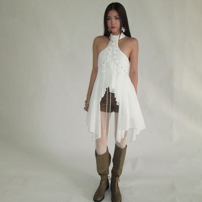 MCDV Mesh Patchwork Irregular Ruffles Vest Women Cross Bandage Elegant O-Neck Sleeveless Slim Tank Tops Y2K Summer Clothes Tees