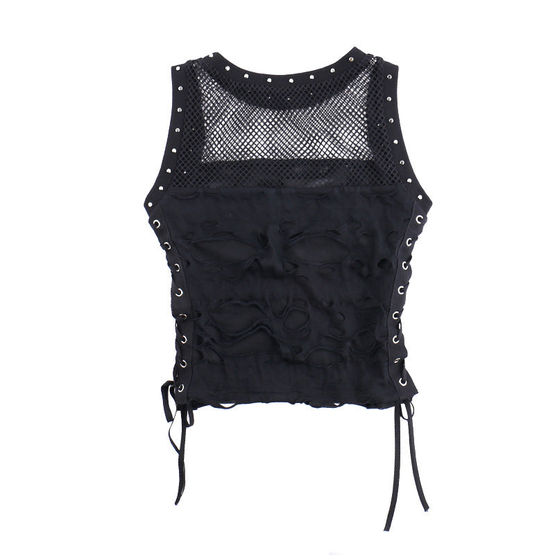 AltGoth Cyber Y2k Hole Vest Women Streetwear Harajuku Vintage Gothic Sexy O-neck Mesh Patchwork See Through Crop Tank Tops Femme