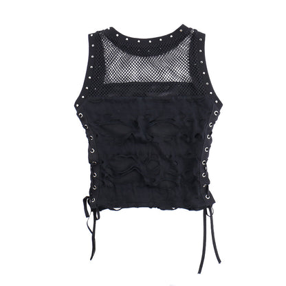 AltGoth Cyber Y2k Hole Vest Women Streetwear Harajuku Vintage Gothic Sexy O-neck Mesh Patchwork See Through Crop Tank Tops Femme