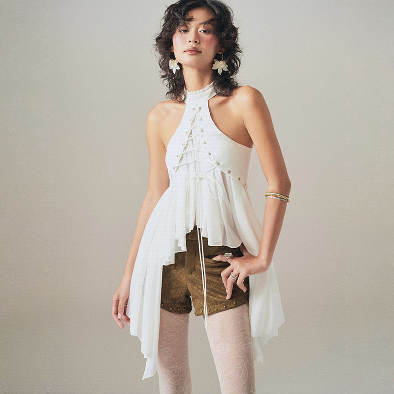 MCDV Mesh Patchwork Irregular Ruffles Vest Women Cross Bandage Elegant O-Neck Sleeveless Slim Tank Tops Y2K Summer Clothes Tees