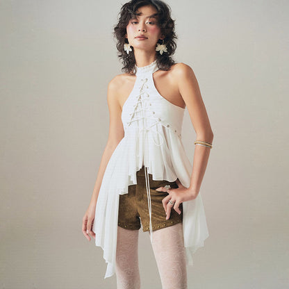 MCDV Mesh Patchwork Irregular Ruffles Vest Women Cross Bandage Elegant O-Neck Sleeveless Slim Tank Tops Y2K Summer Clothes Tees