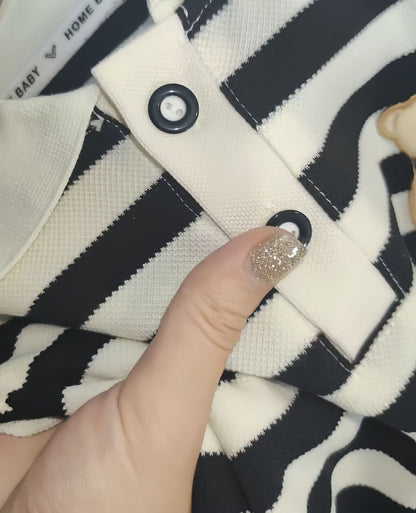 Girls Stripe Bear Polo Dress Summer Short Sleeve Flip Collar Baby Academy Style Trendy Dress Girls Aged 2-10