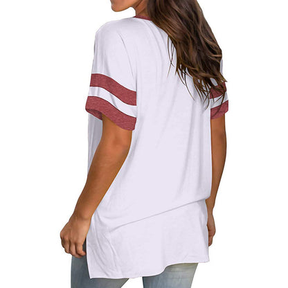 2024 Europe and the United States spring and summer new women's base shirt solid color V-neck splicing short sleeve loose T-shir