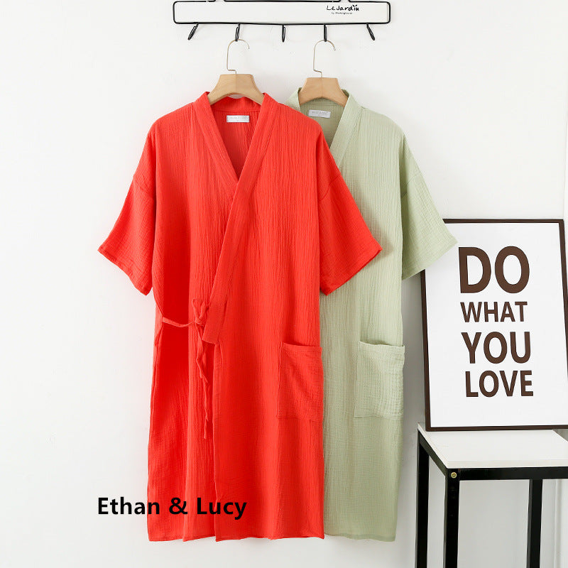 Summer 100% Cotton Gauze Crepe Short Sleeve Robes for Women and Men Solid Bathrobe Loose Soft Japanese-style Kimono Robe 2021