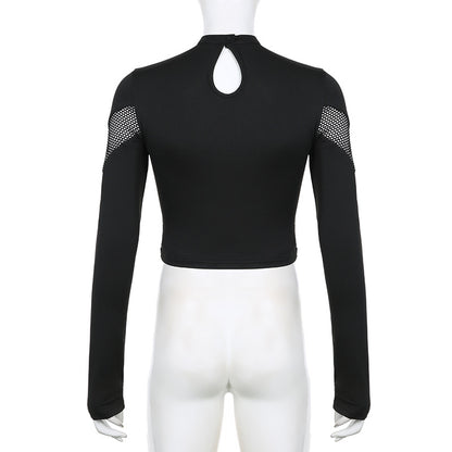 AltGoth Dark Punk Cyber T-shirt Women Gothic Streetwear Mesh Patchwork Long Sleeve O-neck Crop Tee Tops Harajuku Sexy Clothes