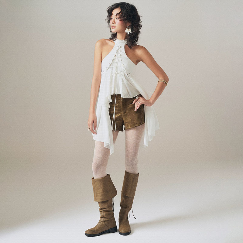 MCDV Mesh Patchwork Irregular Ruffles Vest Women Cross Bandage Elegant O-Neck Sleeveless Slim Tank Tops Y2K Summer Clothes Tees