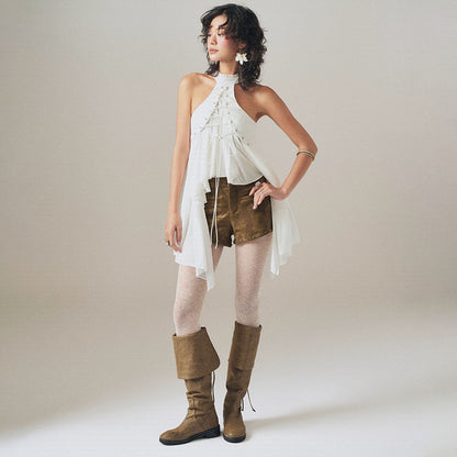 MCDV Mesh Patchwork Irregular Ruffles Vest Women Cross Bandage Elegant O-Neck Sleeveless Slim Tank Tops Y2K Summer Clothes Tees