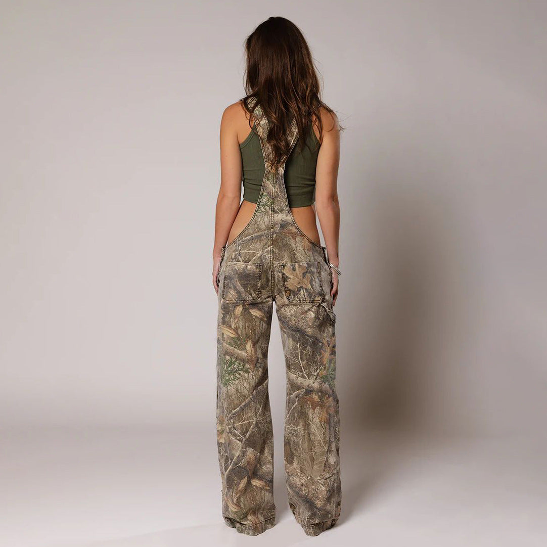 Jumpsuits Women Jeans Overalls Sexy Backless Vintage Full Length Denim Straight Pants Loose Pockets Distressed Washed Casual