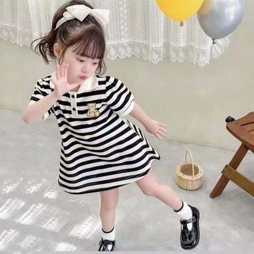 Girls Stripe Bear Polo Dress Summer Short Sleeve Flip Collar Baby Academy Style Trendy Dress Girls Aged 2-10