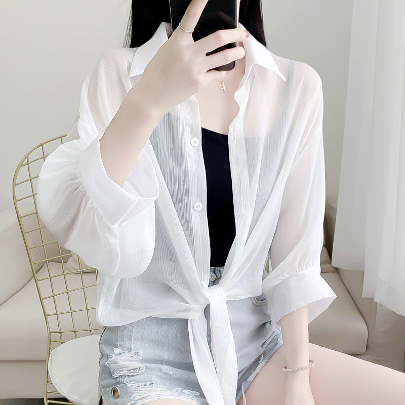 2023 Summer Half Sleeve Buttoned Up Shirt Loose Casual Blouse Chiffon Shirts Women Tied Waist Elegant Blouses for Women 9776