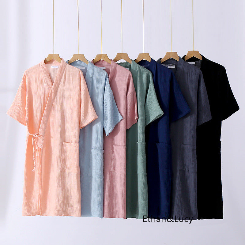 Summer 100% Cotton Gauze Crepe Short Sleeve Robes for Women and Men Solid Bathrobe Loose Soft Japanese-style Kimono Robe 2021
