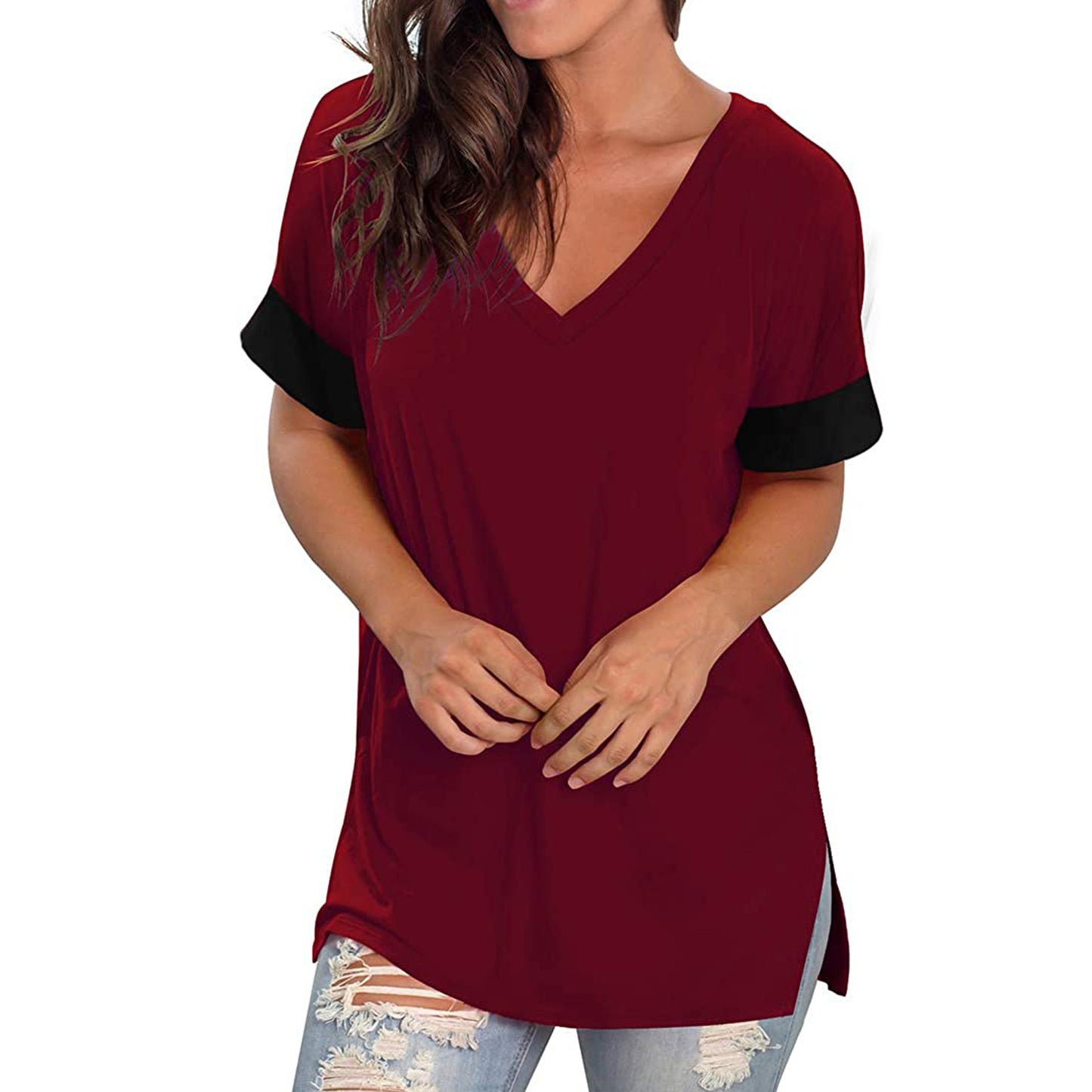 2024 Europe and the United States spring and summer cross-border new women's base shirt solid color V-neck short-sleeve stitchin
