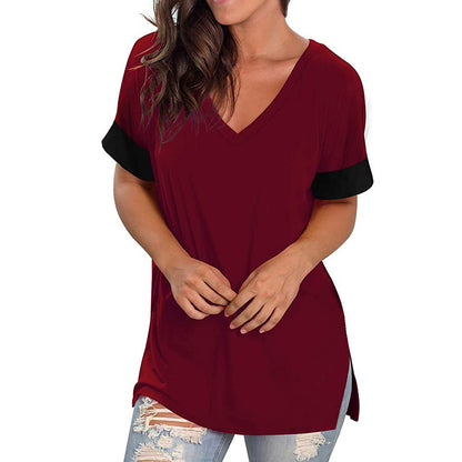 2024 Europe and the United States spring and summer cross-border new women's base shirt solid color V-neck short-sleeve stitchin