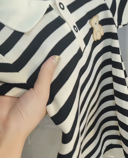 Girls Stripe Bear Polo Dress Summer Short Sleeve Flip Collar Baby Academy Style Trendy Dress Girls Aged 2-10