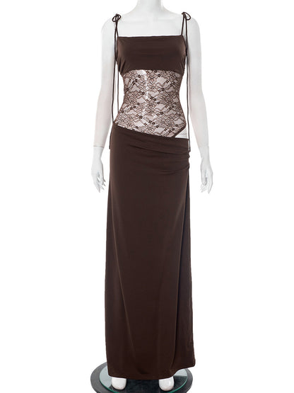 Elegant Lace Cut Out Maxi Dresses for Women 2025 Sexy Spaghetti Strap Patchwork Holidays Party Dress Summer Backless Long Dress