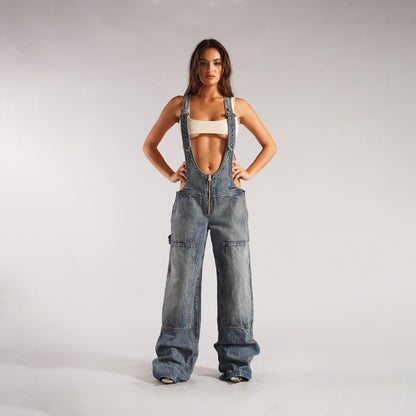 Jumpsuits Women Jeans Overalls Sexy Backless Vintage Full Length Denim Straight Pants Loose Pockets Distressed Washed Casual