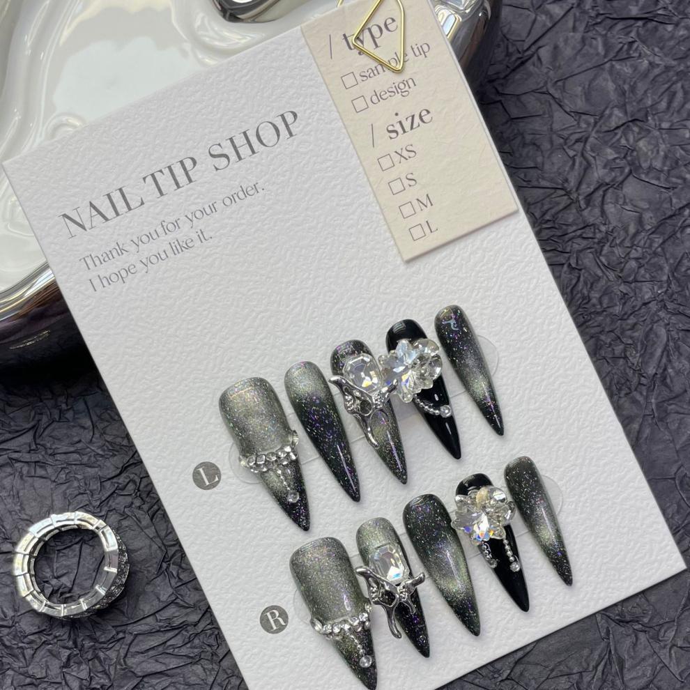 10pcs Ballet Acrylic Long Stiletto Black Glitter Sweet Cool Artificial Nails with Glue Handmade False Nails Y2k Stick on Nails