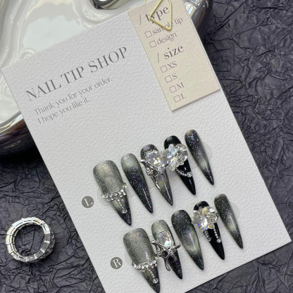 10pcs Ballet Acrylic Long Stiletto Black Glitter Sweet Cool Artificial Nails with Glue Handmade False Nails Y2k Stick on Nails