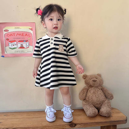 Girls Stripe Bear Polo Dress Summer Short Sleeve Flip Collar Baby Academy Style Trendy Dress Girls Aged 2-10