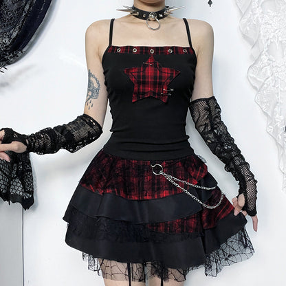 AltGoth Y2k E-girl Vintage Camis Women Mall Gothic Cyber Punk Emo Alt Grunge Hotsweet Plaid Pentagram Patchwork Crop Tank Tops