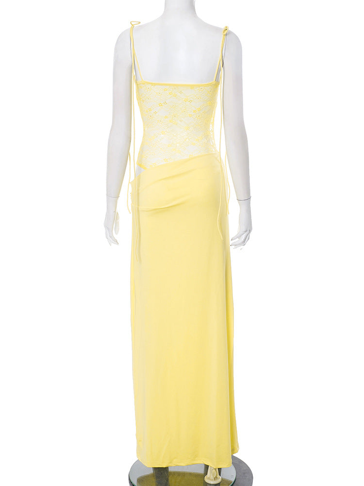 Elegant Lace Cut Out Maxi Dresses for Women 2025 Sexy Spaghetti Strap Patchwork Holidays Party Dress Summer Backless Long Dress