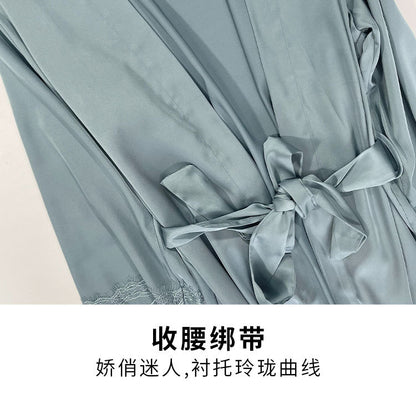 White 5PCS Sleep Set Pajamas Lady Lace Satin Pyjamas Kimono Bath Gown Loose Sleepwear Home Cloting V-Neck Casual Nightwear