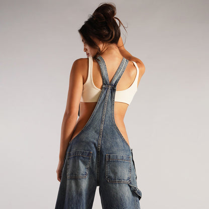 Jumpsuits Women Jeans Overalls Sexy Backless Vintage Full Length Denim Straight Pants Loose Pockets Distressed Washed Casual