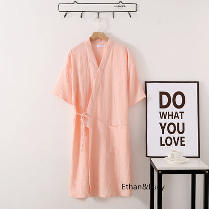 Summer 100% Cotton Gauze Crepe Short Sleeve Robes for Women and Men Solid Bathrobe Loose Soft Japanese-style Kimono Robe 2021