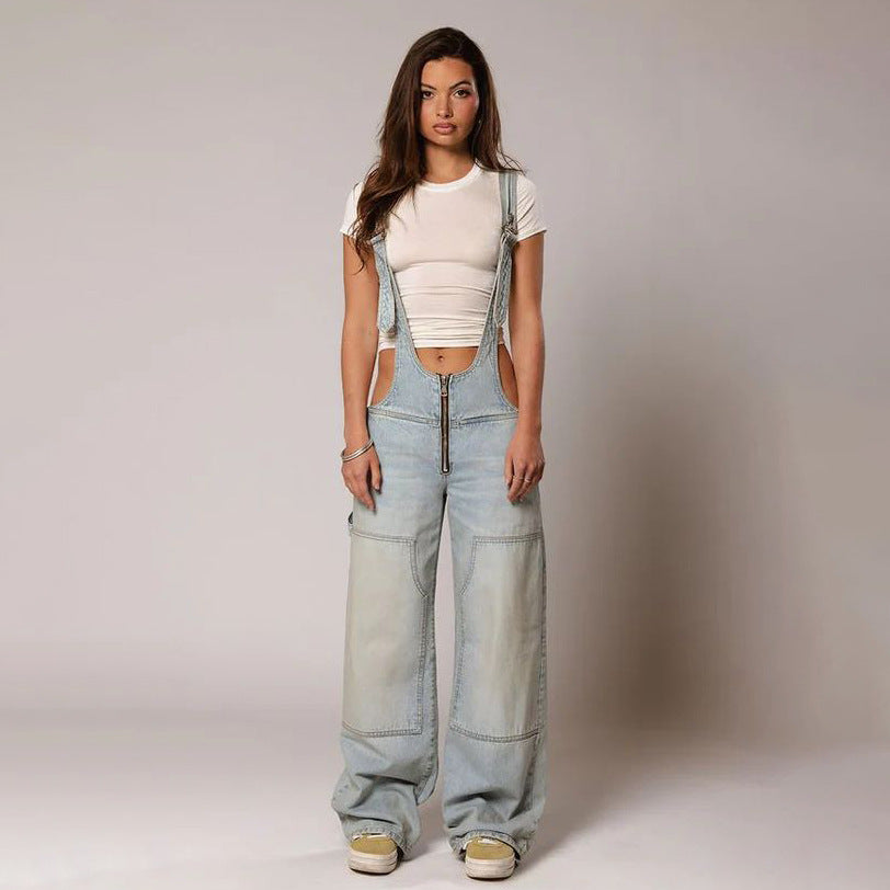Jumpsuits Women Jeans Overalls Sexy Backless Vintage Full Length Denim Straight Pants Loose Pockets Distressed Washed Casual