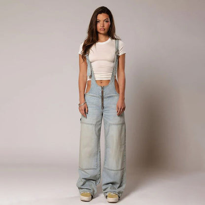 Jumpsuits Women Jeans Overalls Sexy Backless Vintage Full Length Denim Straight Pants Loose Pockets Distressed Washed Casual
