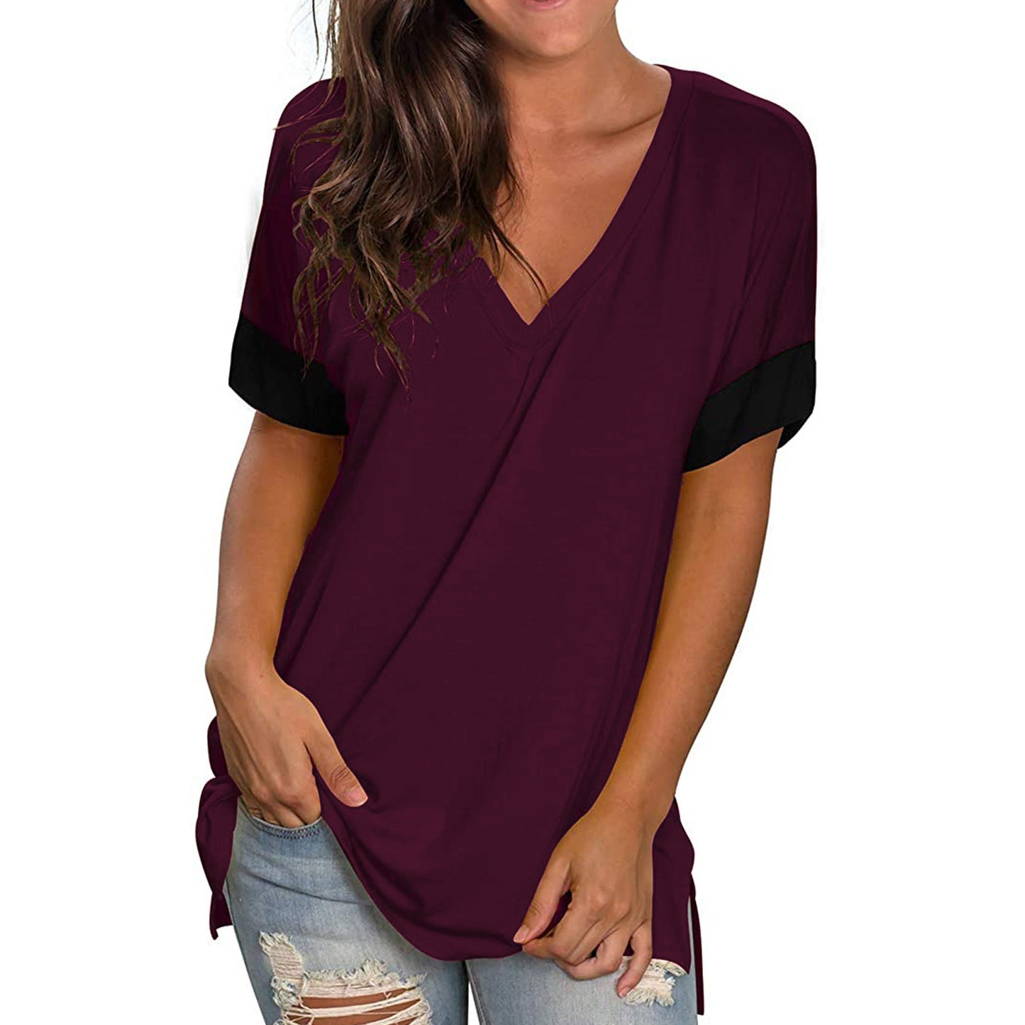 2024 Europe and the United States spring and summer cross-border new women's base shirt solid color V-neck short-sleeve stitchin