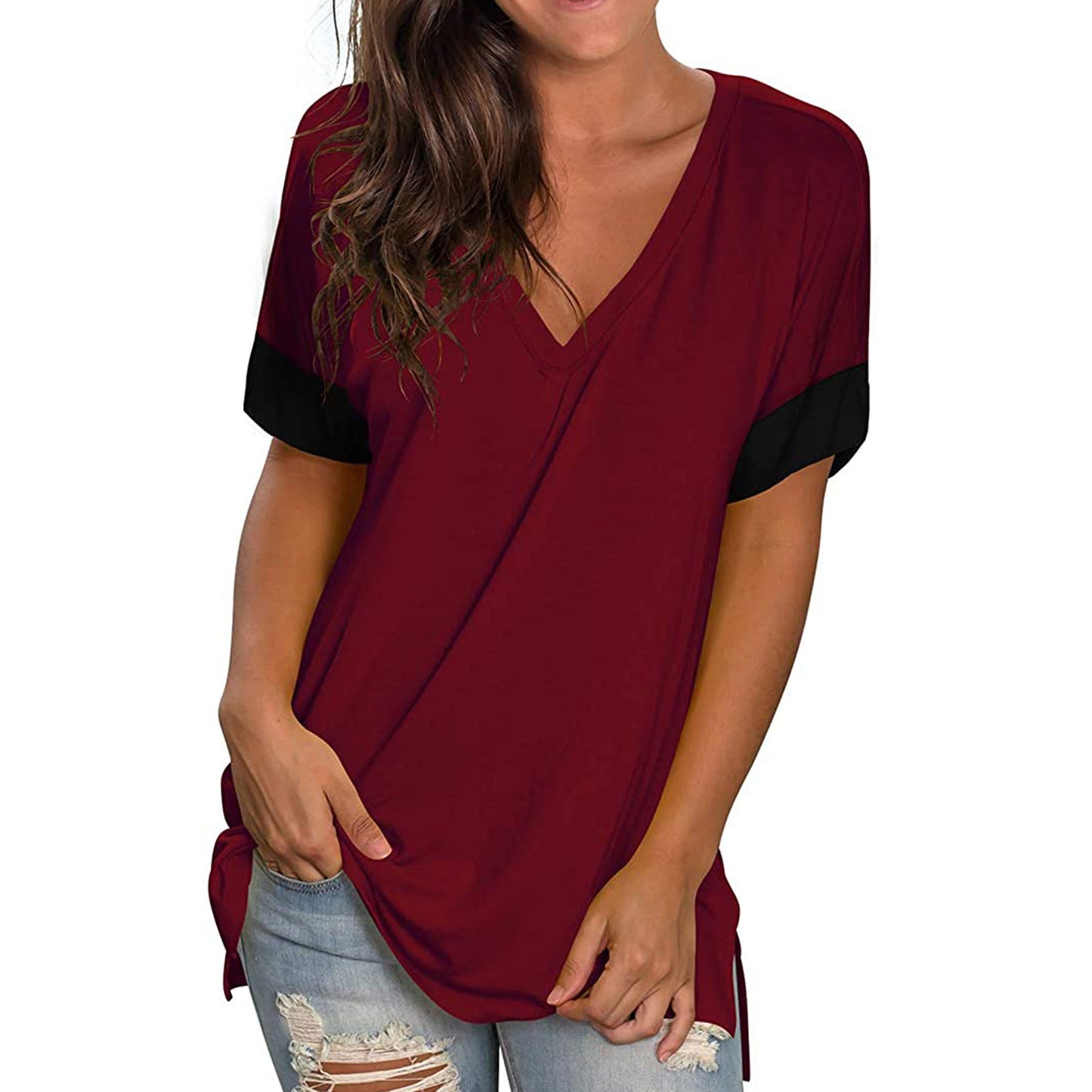 2024 Europe and the United States spring and summer cross-border new women's base shirt solid color V-neck short-sleeve stitchin