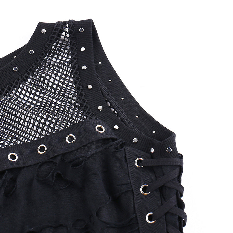 AltGoth Cyber Y2k Hole Vest Women Streetwear Harajuku Vintage Gothic Sexy O-neck Mesh Patchwork See Through Crop Tank Tops Femme