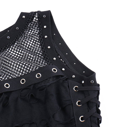 AltGoth Cyber Y2k Hole Vest Women Streetwear Harajuku Vintage Gothic Sexy O-neck Mesh Patchwork See Through Crop Tank Tops Femme