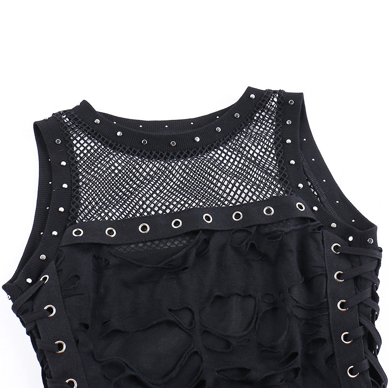 AltGoth Cyber Y2k Hole Vest Women Streetwear Harajuku Vintage Gothic Sexy O-neck Mesh Patchwork See Through Crop Tank Tops Femme