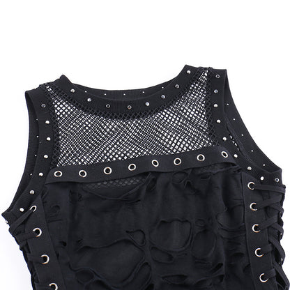AltGoth Cyber Y2k Hole Vest Women Streetwear Harajuku Vintage Gothic Sexy O-neck Mesh Patchwork See Through Crop Tank Tops Femme