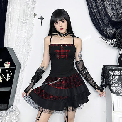 AltGoth Y2k E-girl Vintage Camis Women Mall Gothic Cyber Punk Emo Alt Grunge Hotsweet Plaid Pentagram Patchwork Crop Tank Tops