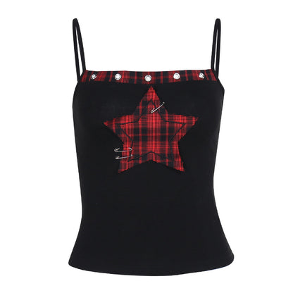 AltGoth Y2k E-girl Vintage Camis Women Mall Gothic Cyber Punk Emo Alt Grunge Hotsweet Plaid Pentagram Patchwork Crop Tank Tops