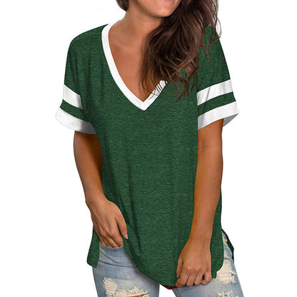 2024 Europe and the United States spring and summer new women's base shirt solid color V-neck splicing short sleeve loose T-shir